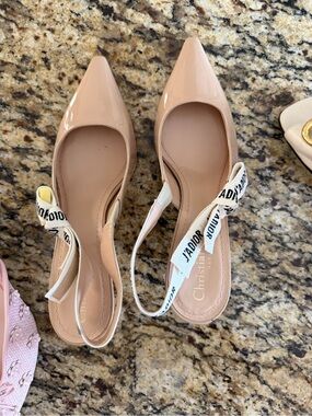 Dior Blush Patent Leather Pointed Slingback Flats with Branded Ribbon